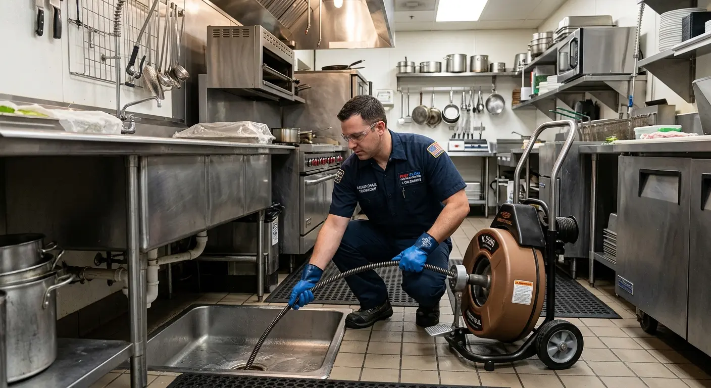 Commercial drain cleaning service in a restaurant kitchen in Springboro