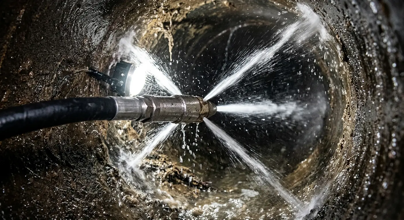High-pressure hydro jetting nozzle cleaning sewer pipe for Trenchless Sewer Repair in Springboro