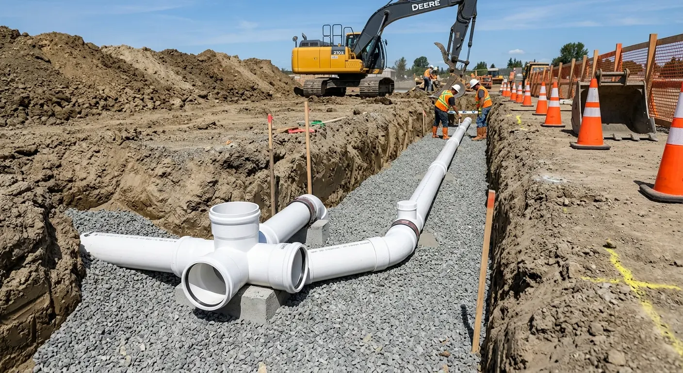 New PVC sewer pipe installation in open trench for Sewer Backup in Springboro