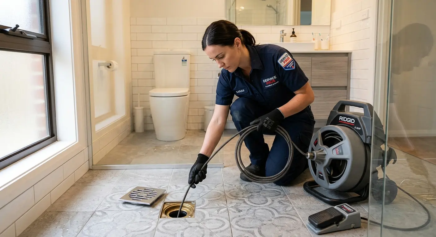 Technician clearing a bathroom floor drain for Hydro Jetting in Springboro